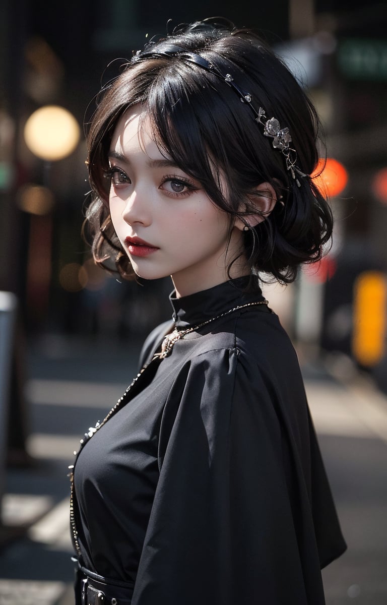 Best quality, 8K, Masterpiece: 1.3, Gothic punk, Red inner color, Grayish black hair, Short Bob Hair, Hair accessories, Cute girl, Creative, Dark fantasy style, Neo-goth, Goth fashion: 1.2, Gorgeous makeup, High resolution, Masterpiece, Best quality, Head w: 1.3, ((Hasselblad photography)), Fine skin, Sharp focus, (Cinematic lighting), Realistic textured hair,Ground Mine Girl,YEN2