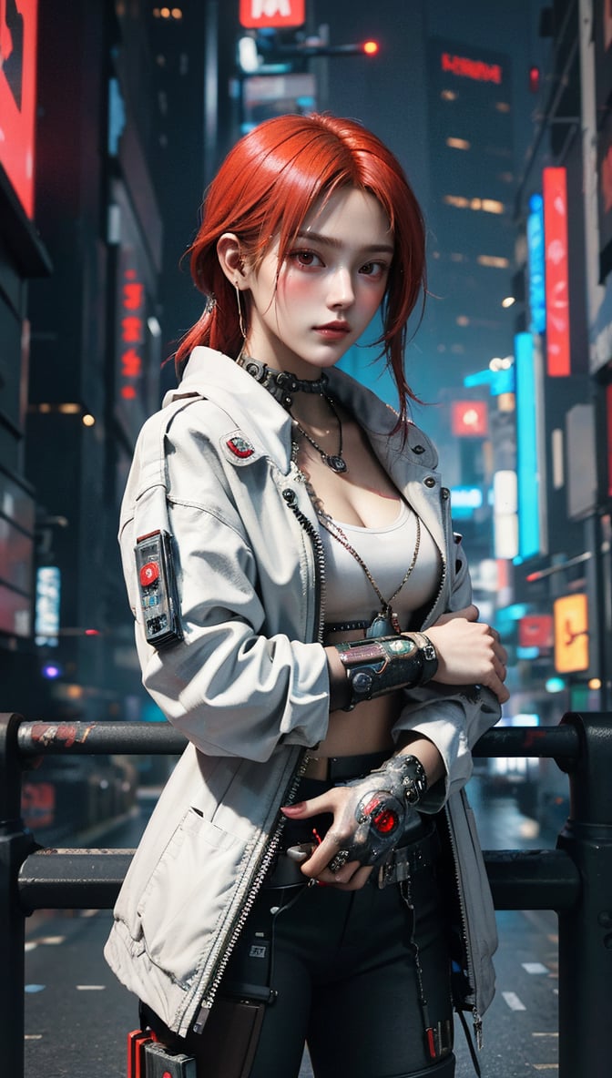 ((Best Quality)), ((Excellent)), (Very Detailed: 1.3), 3D, Beautiful (Cyberpunk: 1.3) A hacker woman with red dyed hair and wearing white clothes looking into the camera, a gunslinger woman, a cyberpunk pistol,