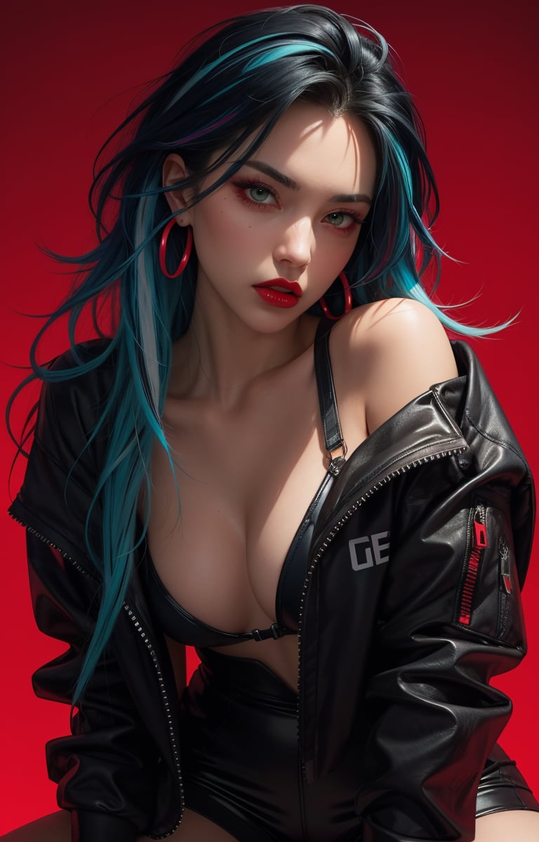 1 Girl, Angry Veins, Black Eyes, black hair, (highlights hair, blue streaked hair), green Eyes, Buttons, Ear Piercings, Cyberpunk Hoodie, Jewelry, Lips, Lipstick, Looking at Viewer, Colorful Hair, Red Lips, Simple Background, Solo, (Portrait, From the Thigh Up, Dynamic Angle: 1.2), Neon Lights, (Red Theme: 1.2), Dark Theme,sexy,latexsuit,d4sh4,@lekg_girl