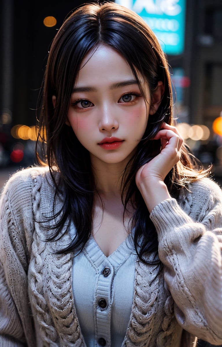 Beautiful girl with realistic black eyes, white skin, medium length black hair, perfect face, perfect eyes, wearing a spring colored cardigan, highly detailed, comprehensive movie, digital painting, 8K , cinematic lighting, top quality, high resolution, great work, post-processing, perfect results, surreal, minji