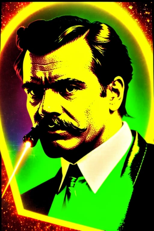 Elegant Dandy pointing pistol towards own head,  German historical correct philosopher Friedrich Nietzsche as a laserpowered psychedelic superhero pointing a tall pistol to his own head. Provocative, Background in aerial spheres of green and yellow, indistinguishable from reality, award winning masterpiece,Germany Male,Wear effect,Vintage textures,50s Design