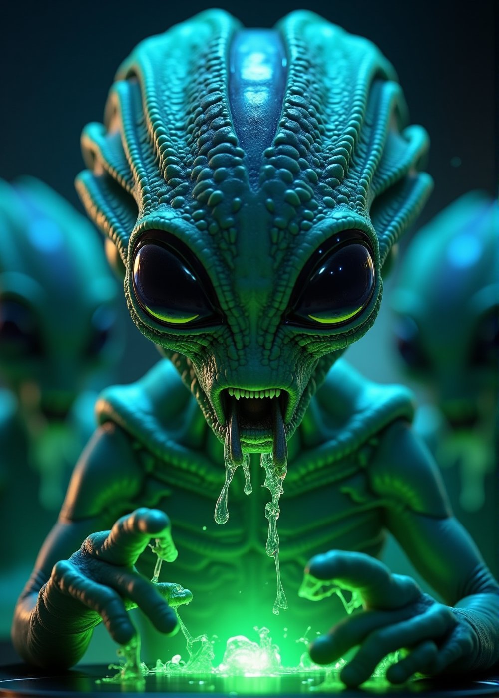 Close-up shot,  Aliens in Space: Create an ultra-realistic close-up shot of a group of extraterrestrial beings,  featuring...
