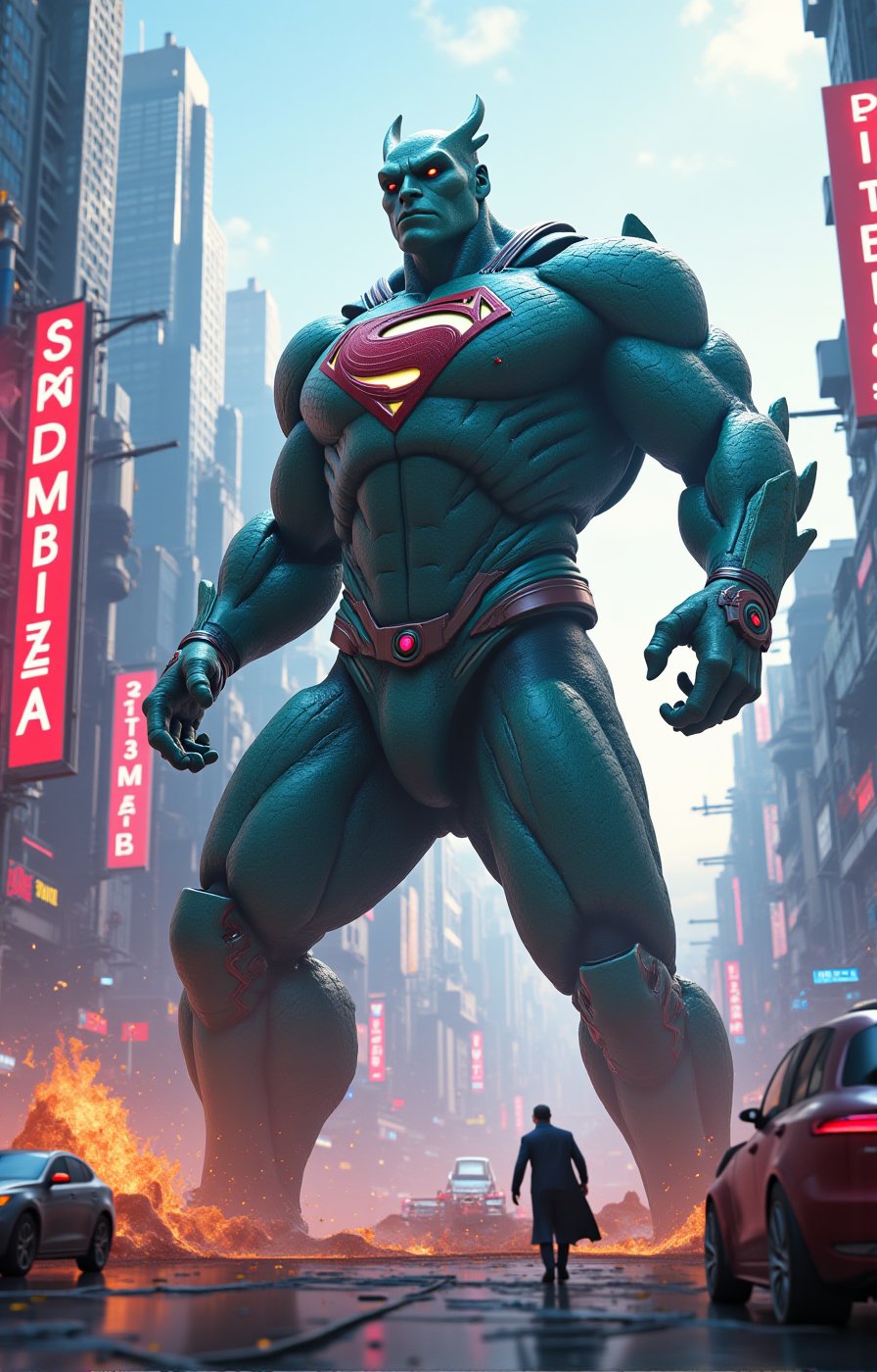 In the heart of a futuristic cityscape,  towering skyscrapers and neon signs provide the backdrop as two massive monsters—...