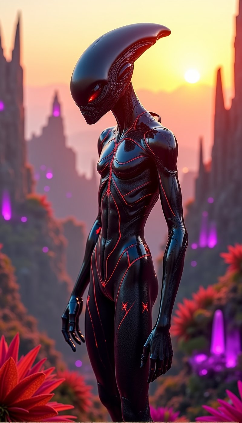 Medium Full Body shot of a hyper-realistic slender brave alien superhero,  symmetrical Alien Chimera head in sleek futuris...