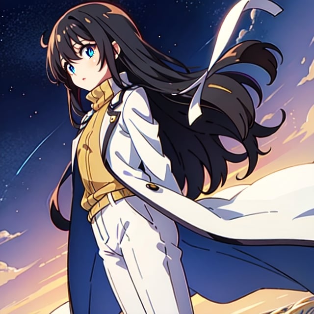 (masterpiece), high quality, 8 year old girl, solo, anime style, long hair, dark brown hair, peaceful look, only white clothes, solo white, plain white coat, plain white turtleneck trench coat, plain white pants,  blue eyes,  glowing eyes, yellow aura