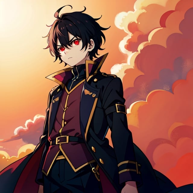 (masterpiece), high quality, 10 year old boy, solo, anime style, short hair, dark brown hair,  serious look, black coat, high-neck trench coat, black pants, red clothing details, no yellow clothing details, red eyes, glowing eyes, red aura.