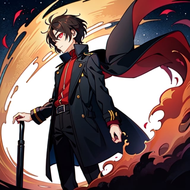 (masterpiece), high quality, 10 year old boy, solo, anime style, profile photo, looking front, only face, short hair, dark brown hair,  serious look, black coat, high-neck trench coat, black pants, red eyes, glowing eyes, red aura.