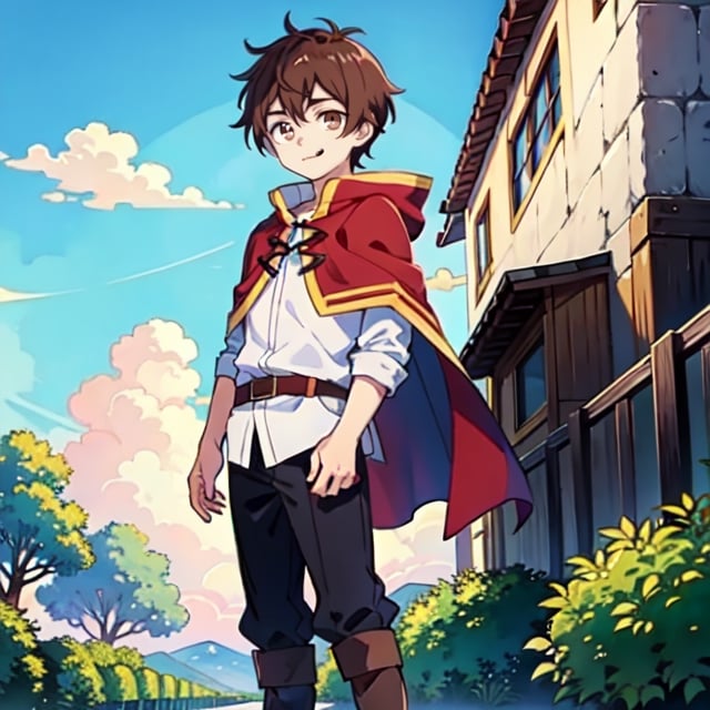 (masterpiece), high quality, 10 year old boy, solo, anime style, short hair, dark brown hair, calm look, little smiling, white villager shirt, gray sleeves, red cape with white, black pants, brown boots, brown eyes dark, standing