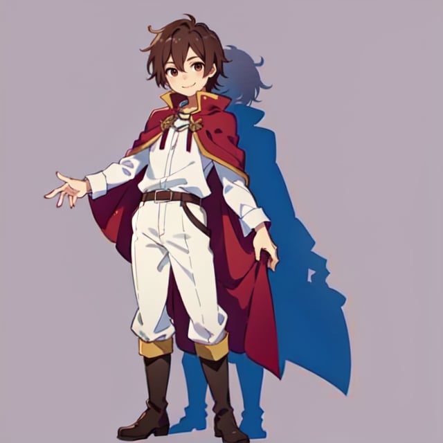 (masterpiece), high quality, 10 year old boy, solo, anime style, short hair, dark brown hair, calm look, smiling, white villager shirt, gray sleeves, red cape with white, black pants, brown boots, brown eyes dark, standing,SHADOW