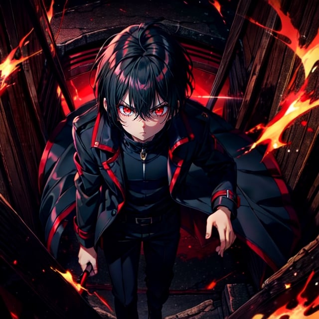 (masterpiece), high quality, 1 little kid, solo, short hair, dark brown hair, hair between eyes,  serious look, black coat, high-neck trench coat, black pants, red eyes, glowing eyes, red aura.