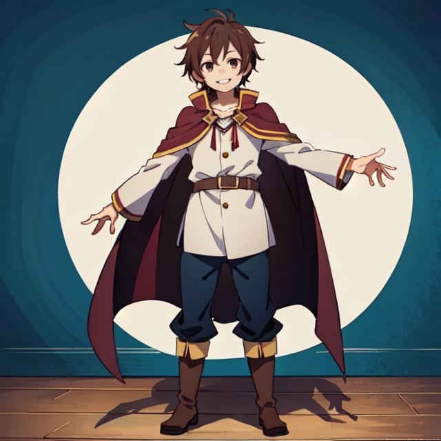 (masterpiece), high quality, 10 year old kid, solo, anime style, short hair, dark brown hair, calm look, smiling, white villager shirt, gray sleeves, red cape with white, black pants, brown boots, brown eyes dark, standing,SHADOW