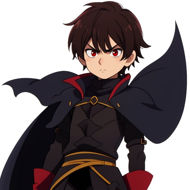 Kid named Zarek, dressed in a medieval dark knight costume, short dark brown hair, red eyes, serious expression, white background.