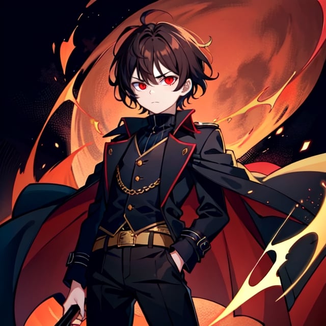 (masterpiece), high quality, 10 year old boy, solo, anime style, short hair, dark brown hair,  serious look, black coat, high-neck trench coat, black pants, red eyes, glowing eyes, red aura.