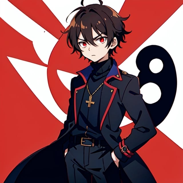 10 year old boy, solo, anime style, short hair, hair between eyes, dark brown hair, serious look, black coat, black turtleneck trench coat, black pants, white skin, red eyes, bright eyes, primary color black, secondary color red, white background