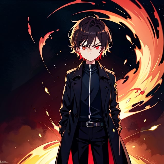 (masterpiece), high quality, 10 year old boy, solo, anime style, short hair, dark brown hair,  serious look, black coat, high-neck trench coat, black pants, red eyes, glowing eyes, red aura.