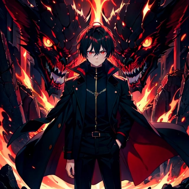 (masterpiece), high quality, detailed underworld background, 1 little boy, solo, short hair, dark brown hair, hair between eyes,  serious look, black coat, high-neck trench coat, black pants, red eyes, glowing eyes, red aura.