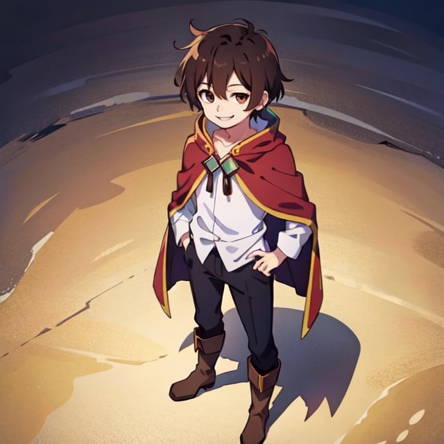 (masterpiece), high quality, 10 year old kid, solo, anime style, short hair, dark brown hair, calm look, smiling, white villager shirt, gray sleeves, red cape with white, black pants, brown boots, brown eyes dark, standing,SHADOW