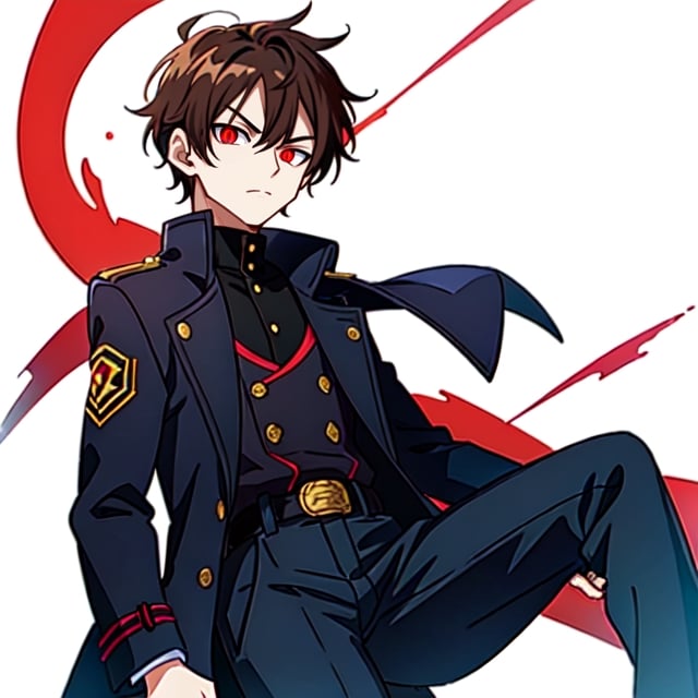 (masterpiece), high quality, 10 year old boy, solo, anime style, short hair, dark brown hair,  serious look, black coat, high-neck trench coat, black pants, red eyes, glowing eyes, red aura.