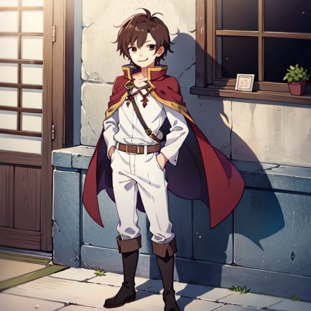 (masterpiece), high quality, 10 year old boy, solo, anime style, short hair, dark brown hair, calm look, smiling, white villager shirt, gray sleeves, red cape with white, black pants, brown boots, brown eyes dark, standing,SHADOW