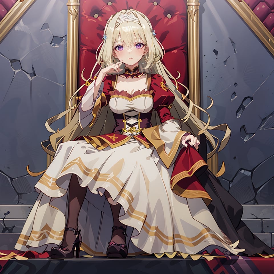 stylish, detailed, long hair, karenhelvetius, voldress, floral pattern on skirt, split dress, evil stare, glowing eyes, elaborate throne room, elegant, detailed dress, wavy hair, blonde hair, purple eyes, shiny eyes, modest makeup, floral choker, frills, loose ringlets, very high heels, serious expression, slight grin, black heels,fantasy00d,disdain