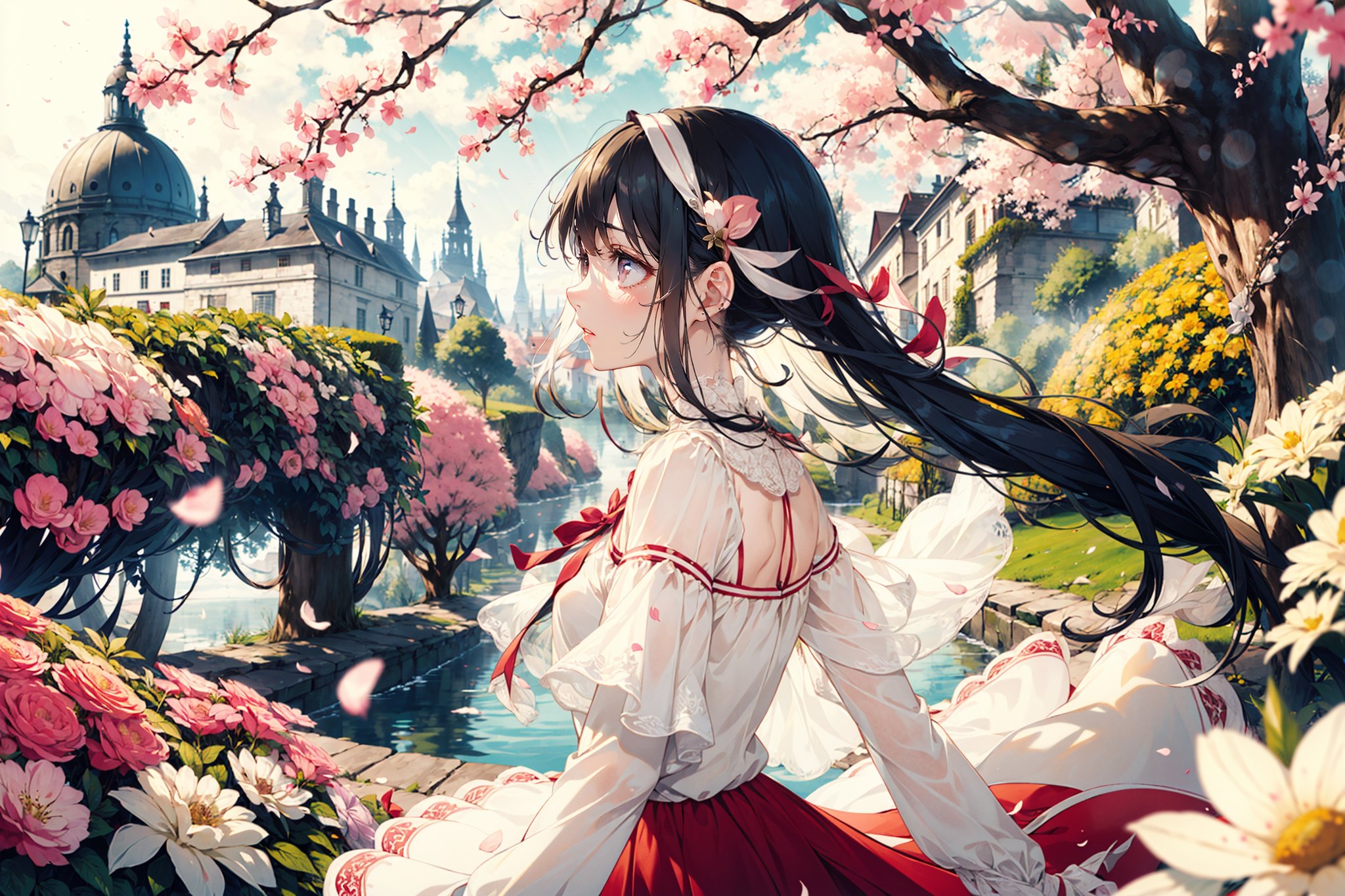 1 girl, shiny hair, loose hair, blushing, hair_ribbons, smiling, shiny eyes, wet skin, surprised expression, detailed, high resolution,aakitasan,very long hair),CarnelianDakimakura, petals flying around, sunlight radiating, sunny day, wide shot, cherry blossom petals, petals in hair, pastel colours, soft colours, black hair, profile, long summer dress, light colored hair, correct anatomy, nature park background, vibrant flowers