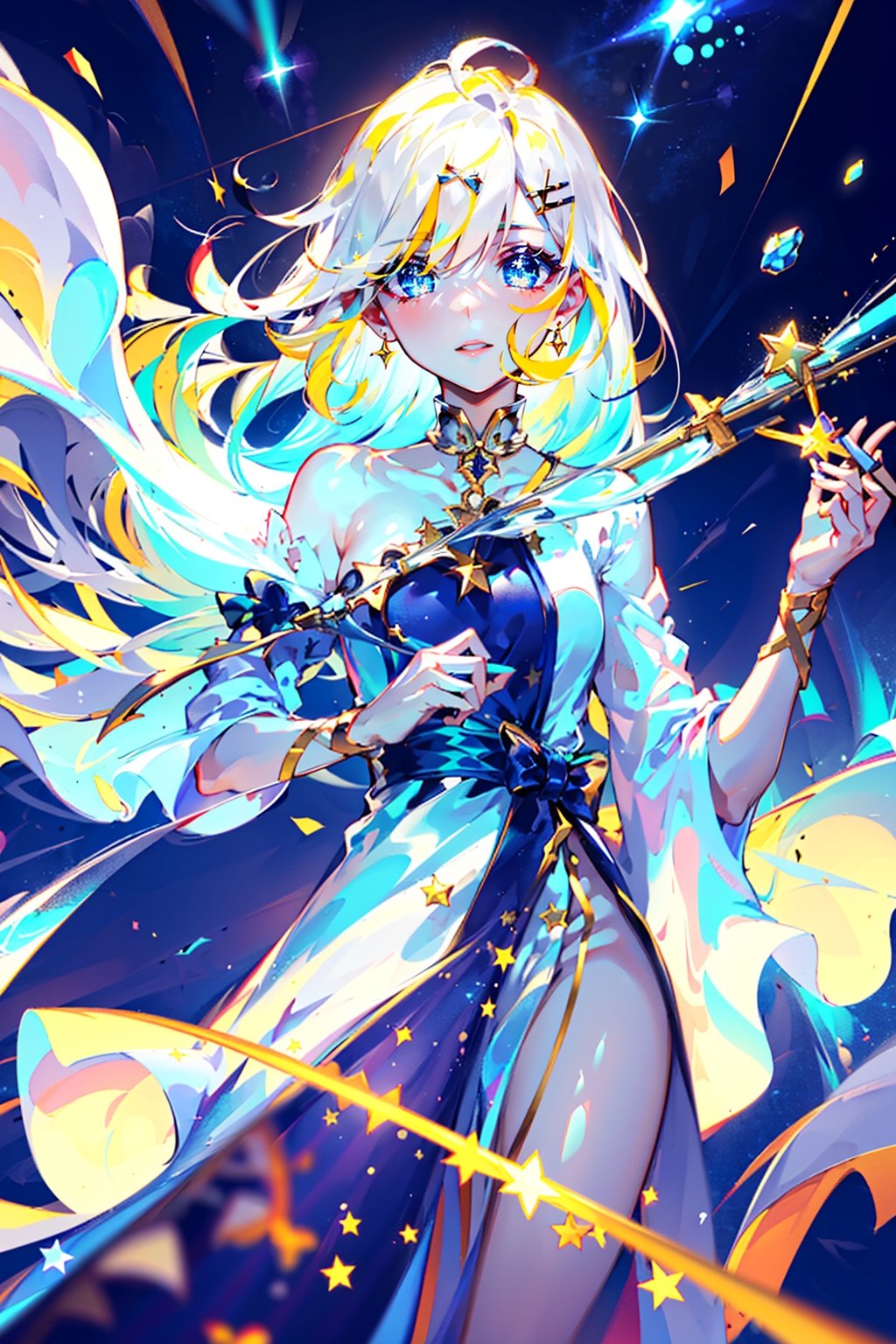 loose blouse, frilly, ruffles, golden hair pins, sparkling eyes, floating_hair, white hair, light hair, starry_sky, stylish dress, fractured light, ((starry sky, shooting stars,))