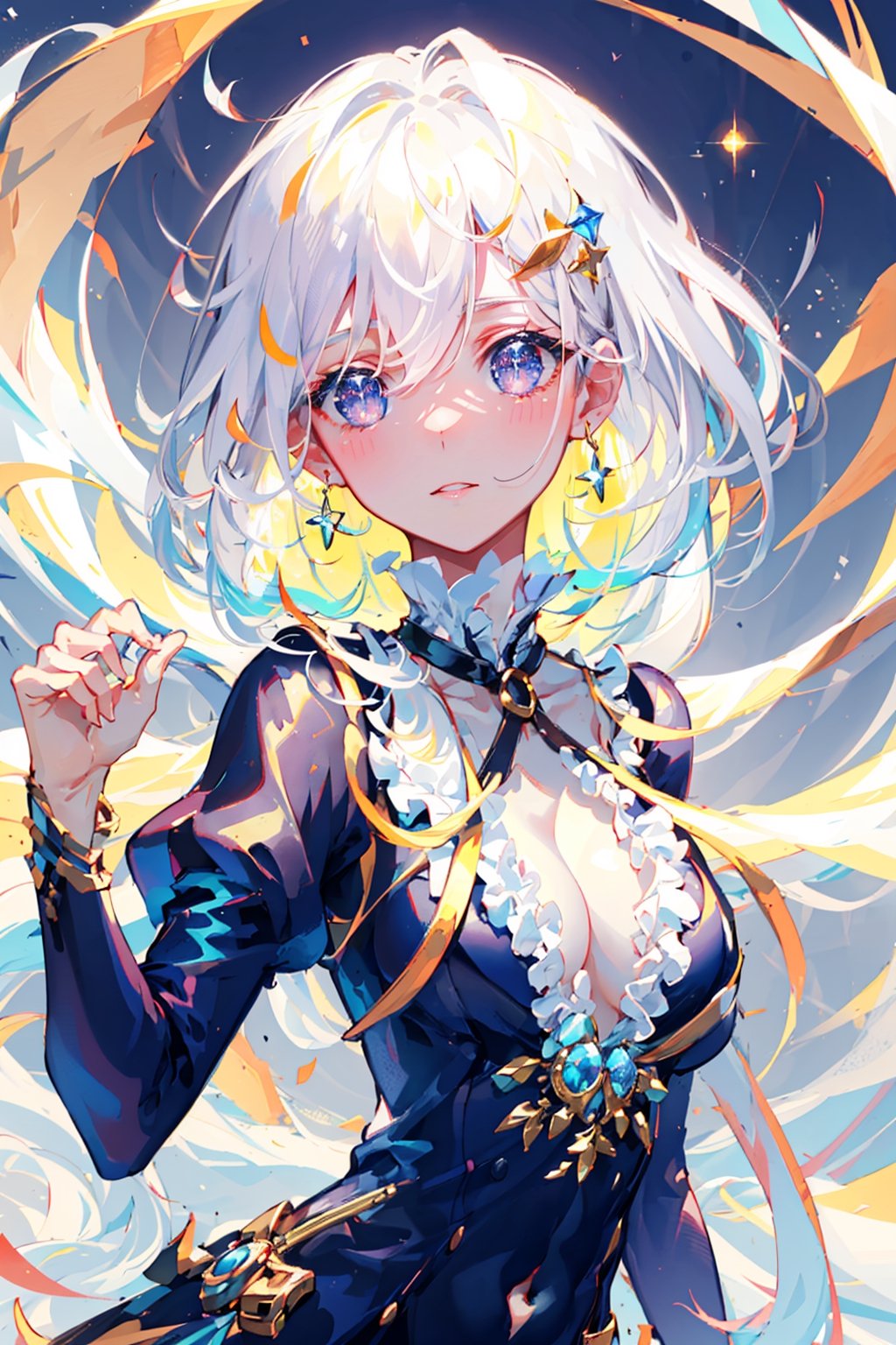 loose blouse, frilly, ruffles, golden hair pins, sparkling eyes, floating_hair, white hair, light hair