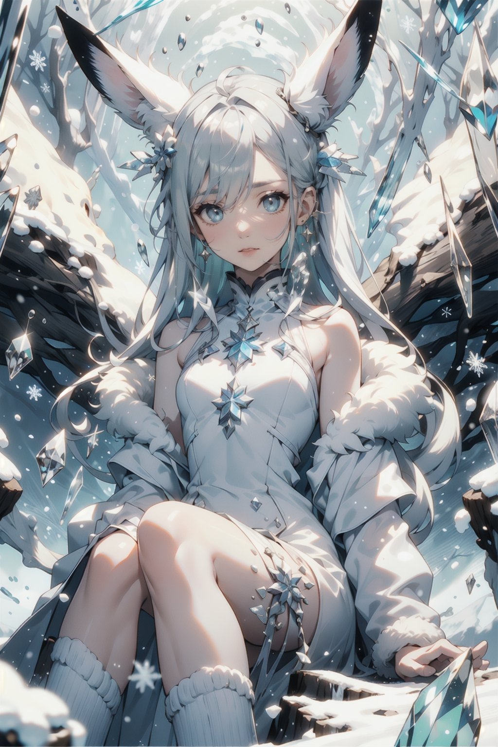 1 girl, solo, eevee ,Snow, glaceon, human, crystalline, ((pale blue hair)), icy blue eyes,  snowflake dress, pure white outfit, fluffy collar, fluffy sleeves, crystal eyes, shiny clothes, porcelain skin, shiny skin, graceful, cold expression, ice attack, snowy wind, white dress, straight hair, flowing dress, icy crystals, pointed animal ears, winter dress, fluffy jacket, perfect fingers, perfect anatomy, lora, perfect anatomy, sitting_down, gloomy light, ((cave interior)), dark cave, ice cave