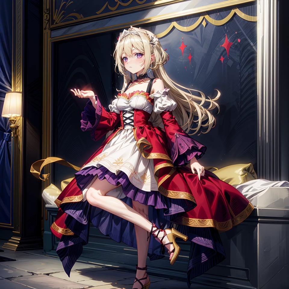 stylish, detailed, long hair, karenhelvetius, voldress, floral pattern on skirt, split dress, evil stare, glowing eyes, fantasy background, elegant, detailed dress, wavy hair, blonde hair, purple eyes, shiny eyes, modest makeup, floral choker, frills, loose ringlets, very high heels, serious expression, slight grin, black heels, ((short dress))