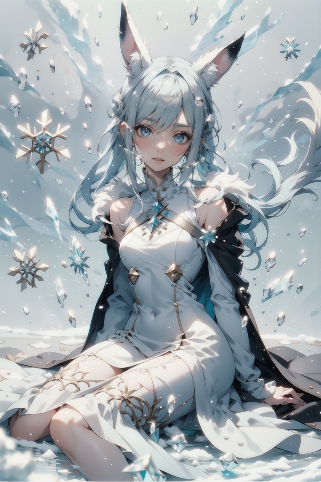 1 girl, solo, eevee ,Snow, glaceon, human, crystalline, ((pale blue hair)), icy blue eyes,  snowflake dress, pure white outfit, fluffy collar, fluffy sleeves, crystal eyes, shiny clothes, porcelain skin, shiny skin, graceful, cold expression, ice attack, snowy wind, white dress, straight hair, flowing dress, icy crystals, pointed animal ears, winter dress, fluffy jacket, perfect fingers, perfect anatomy, fluffy of snow and ice,lora, perfect anatomy, sitting_down