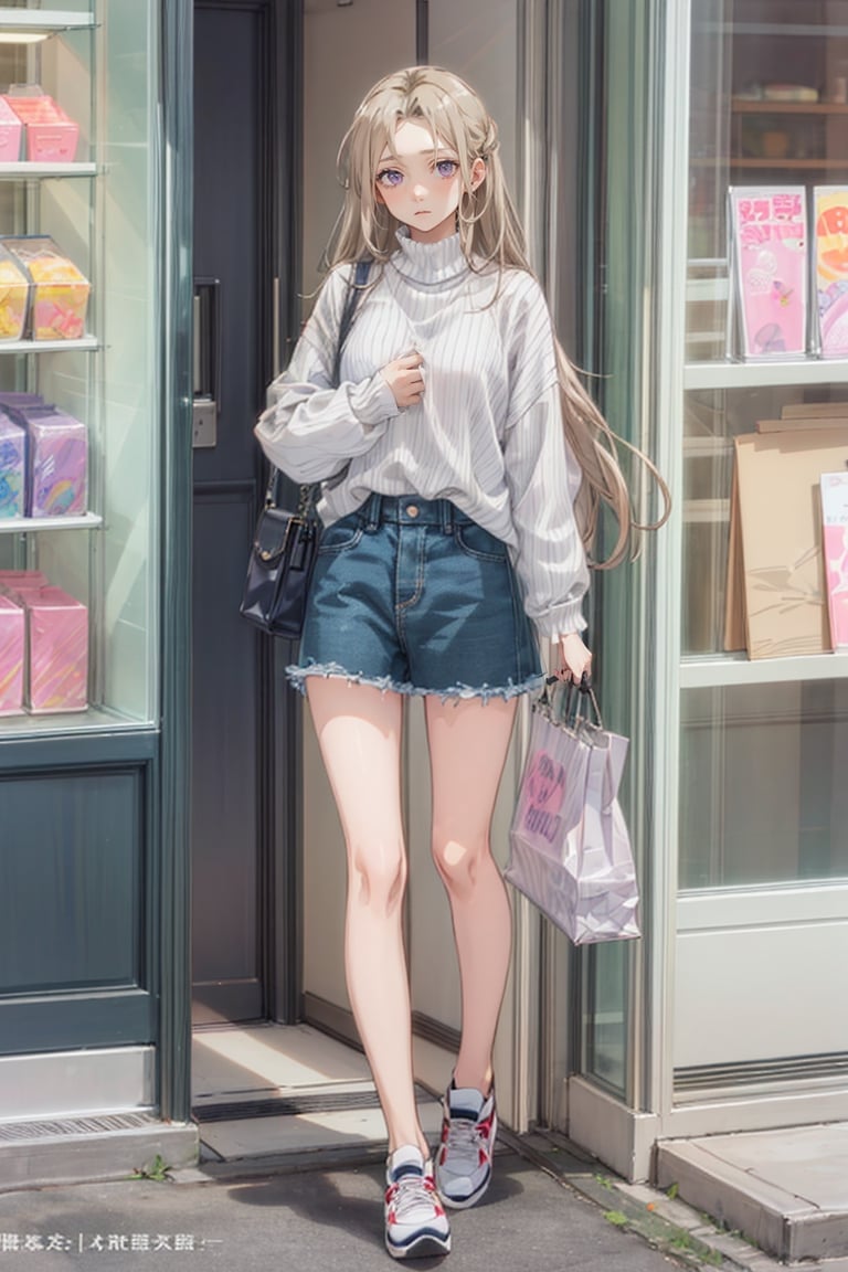 ,isaku, purple eyes, long blonde hair, pretty eyelashes, striped turtleneck, denim skirt, casual sneakers, blushing,basic_background, jewelry, handbag, lipstick, stood at store front