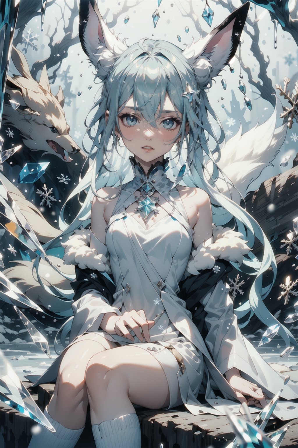 1 girl, solo, eevee ,Snow, glaceon, human, crystalline, ((pale blue hair)), icy blue eyes,  snowflake dress, fluffy collar, fluffy sleeves, crystal eyes, shiny clothes, shiny skin, graceful, cold expression, serious expression, straight hair, flowing dress, icy crystals, pointed animal ears, winter dress, fluffy jacket, perfect fingers, perfect anatomy, lora, perfect anatomy, sitting_down, gloomy light, ((cave interior)), dark cave, ice cave, dark