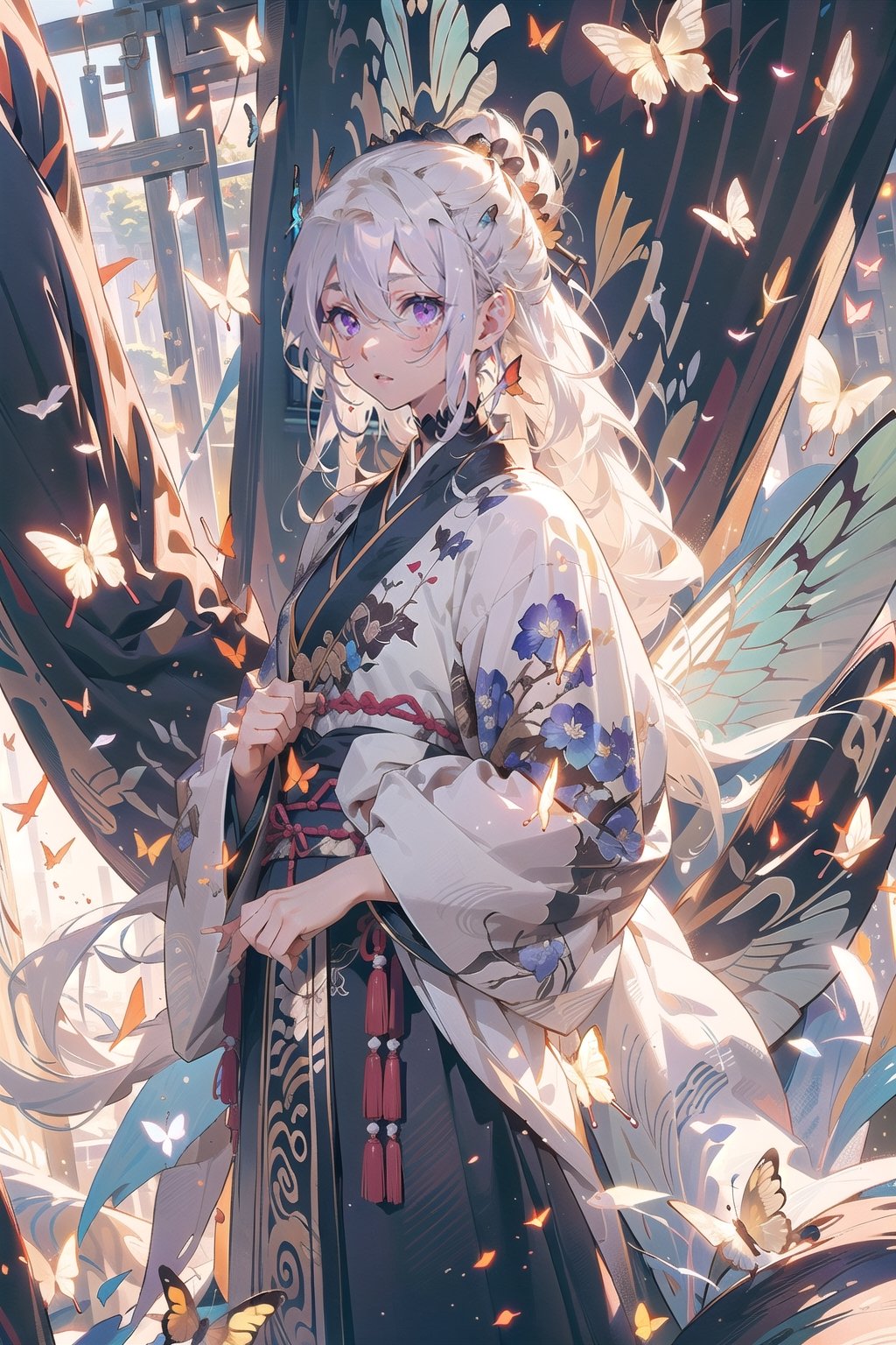 1 girl, solo, (long white hair), sparkling purple eyes, detailed eyes, white silk hanfu, iridescent silk, outdoor background, open clothes, loose clothes, butterfly hairpiece, barefeet, botanic garden, blushing, soft expression, nature, picturesque, ancient chinese robe , standing, butterflies, soft expression , clear eyes, butterflies, bright eyes, detailed eyes, (close-up),butterfly, butterfly_wings,High detailed ,fantasy00d,More Detail, short robe, ((butterfly swarm)), glowing wings, close_up, shiny white robe,Chinese style, white hair