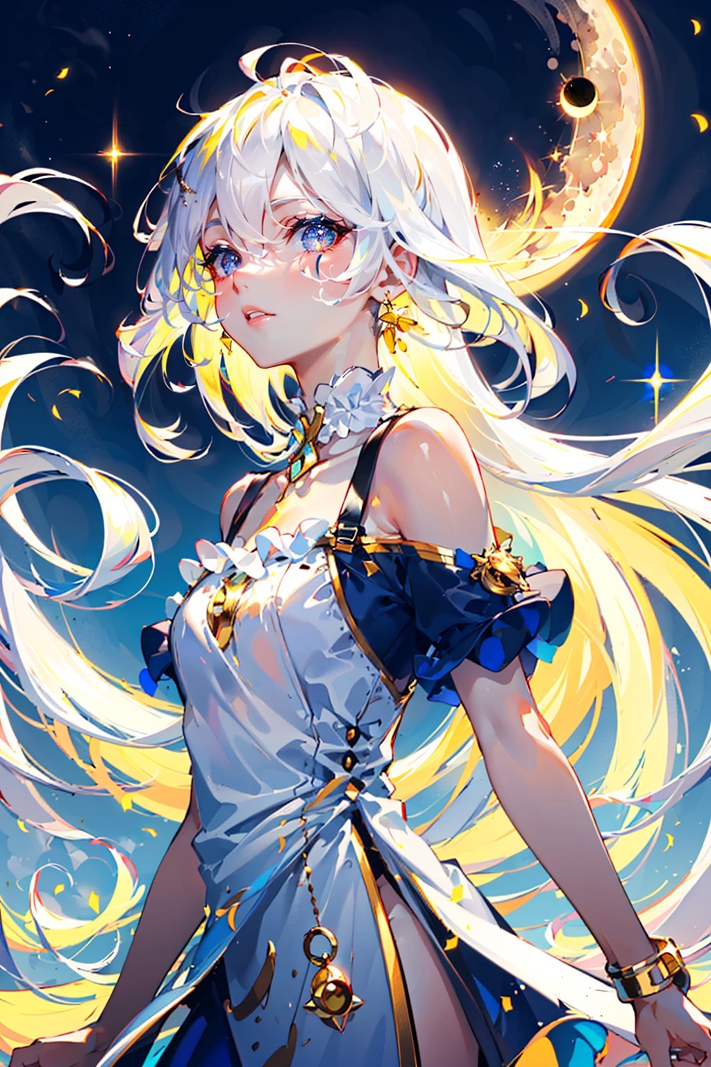 loose blouse, frilly, ruffles, golden hair pins, sparkling eyes, floating_hair, white hair, light hair, moon in background, moonlight, glowing moon, quarter moon, flowing dress, white frilly dress, frilly collar, front view, pained expression, moon close up