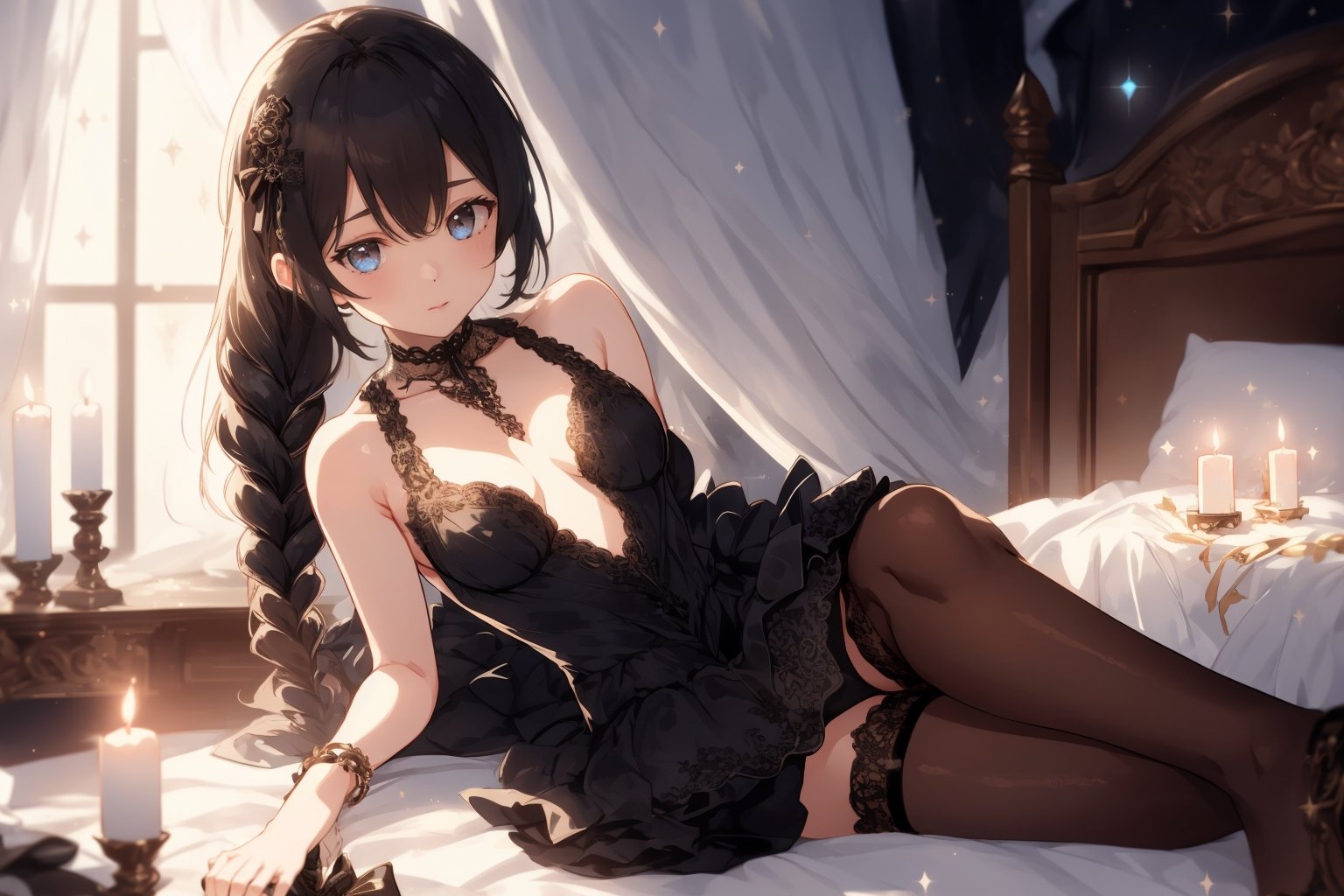 1 girl, twin braids, black ribbons, black lace, detailed stockings, small heels, pretty black dress, ruffles, bracelets, sparkles, candles, ornate dresser, shy, sitting, plush bedroom, plunged dress, plunging neckline, detailed, pretty eyes, elegant 