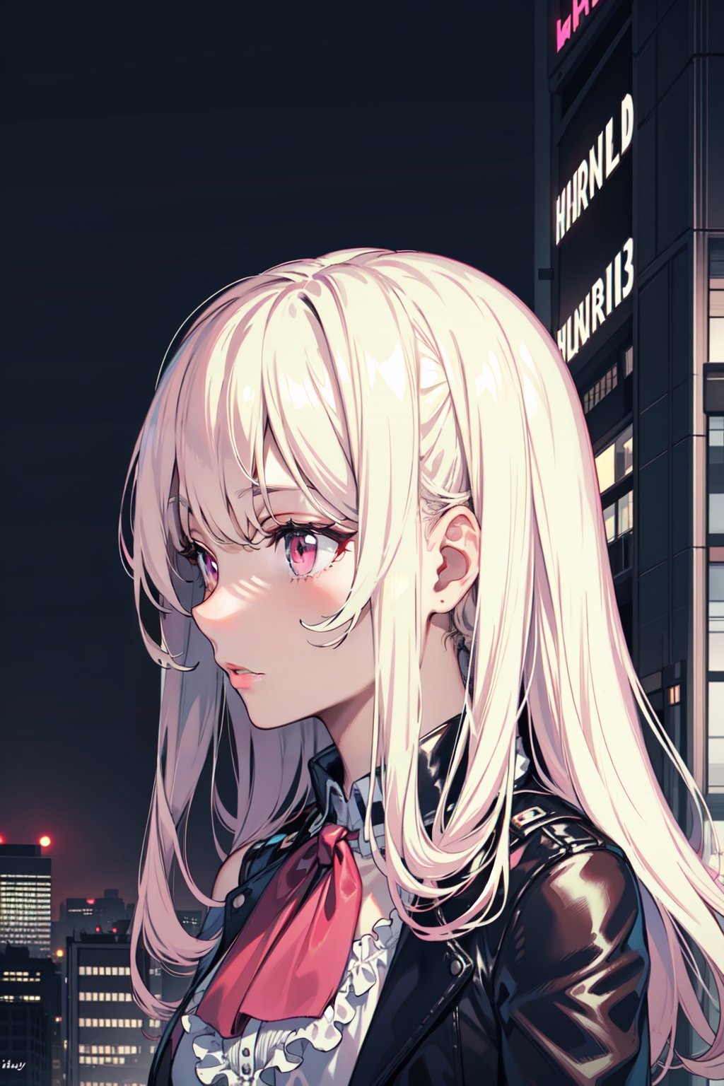 platinum_blonde_hair, pink eyes, dimly lit background, highrise building, from below, loose blouse, leather jacket, head to shoulder shot, longer hair