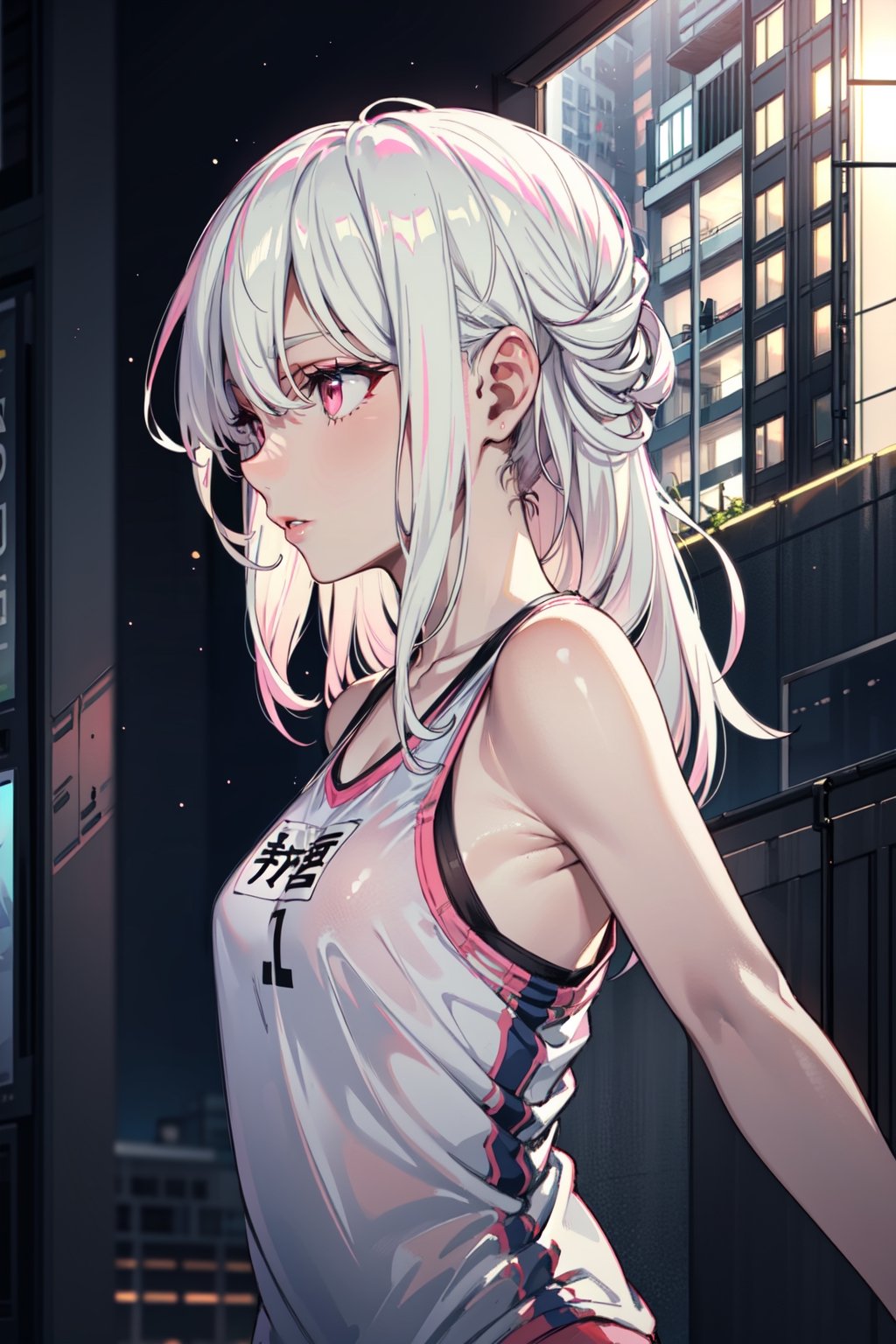 platinum_blonde_hair, pink eyes, dimly lit background, highrise building, from below, loose blouse, workout attire, head to shoulder shot, longer hair