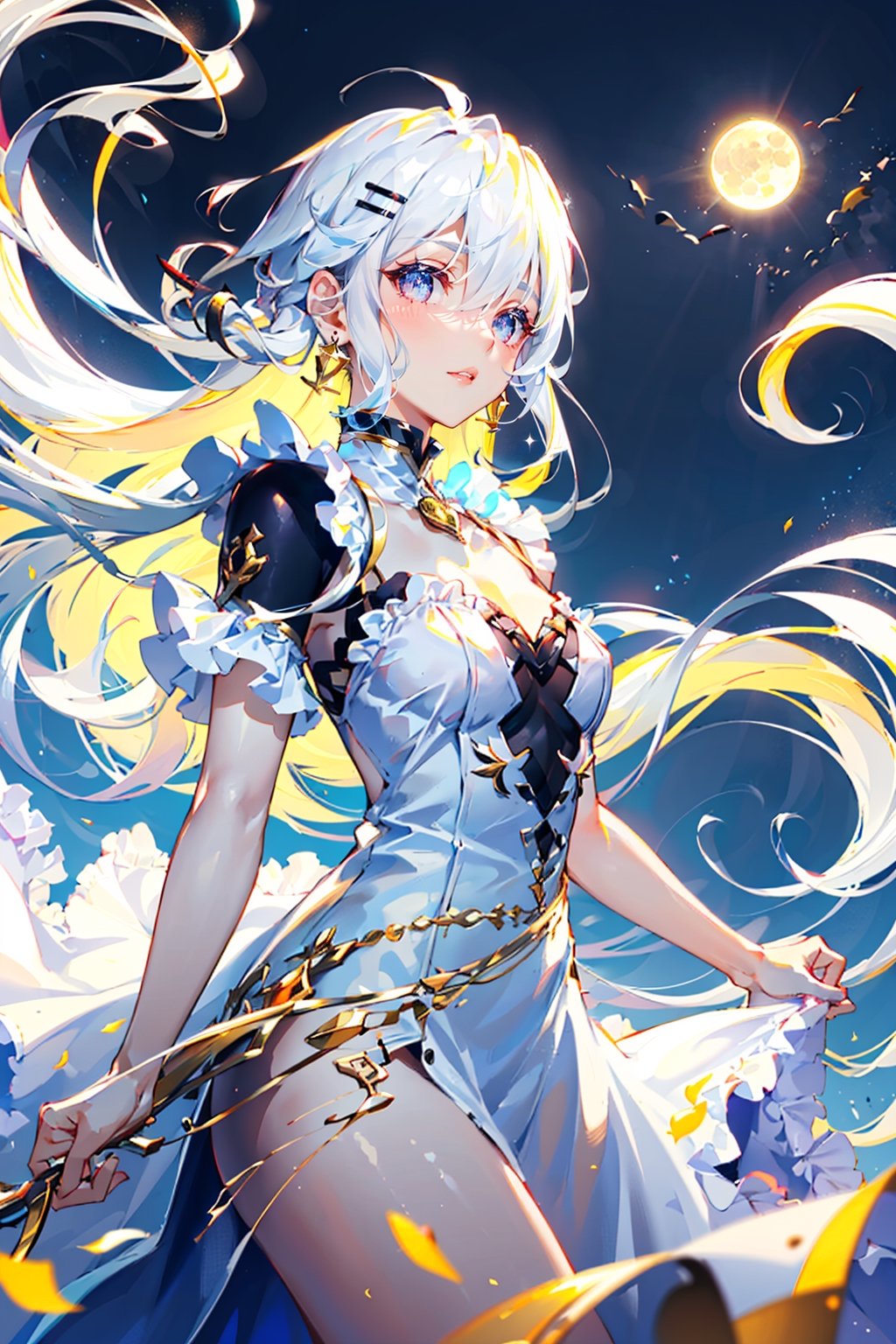 loose blouse, frilly, ruffles, golden hair pins, sparkling eyes, floating_hair, white hair, light hair, moon in background, moonlight, glowing moon, quarter moon, flowing dress, white frilly dress, frilly collar, front view, pained expression