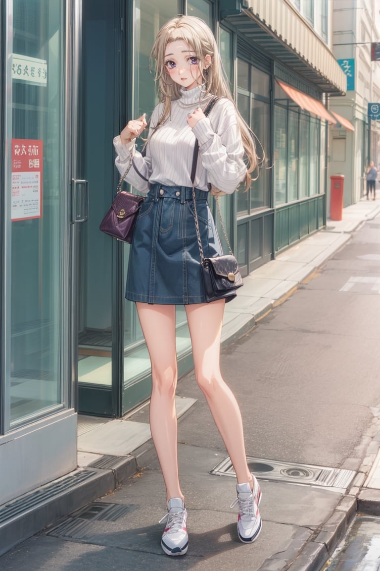 ,isaku, purple eyes, long blonde hair, pretty eyelashes, striped turtleneck, denim skirt, casual sneakers, blushing, street background, jewelry, handbag, lipstick, sunset,platinum blonde hair, stylish