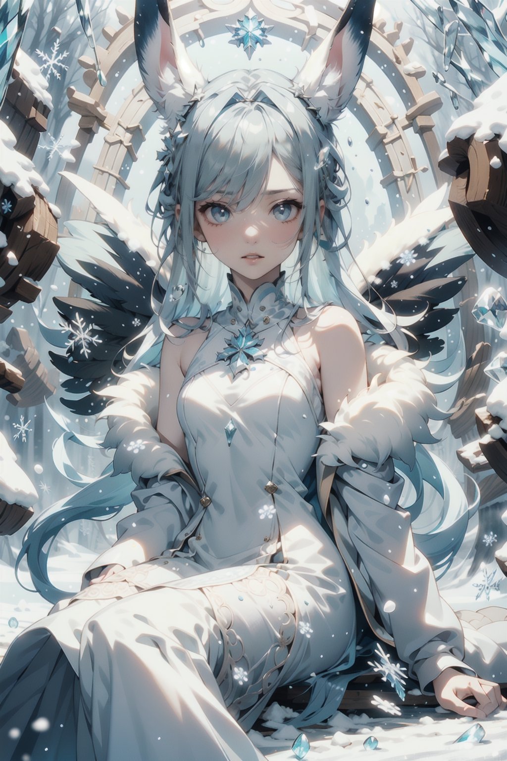 1 girl, solo, eevee ,Snow, glaceon, human, crystalline, ((pale blue hair)), icy blue eyes,  snowflake dress, pure white outfit, fluffy collar, fluffy sleeves, crystal eyes, shiny clothes, porcelain skin, shiny skin, graceful, cold expression, ice attack, snowy wind, white dress, straight hair, flowing dress, icy crystals, pointed animal ears, winter dress, fluffy jacket, perfect fingers, perfect anatomy, fluffy of snow and ice,lora, perfect anatomy, sitting_down, gloomy light, ((cave interior))