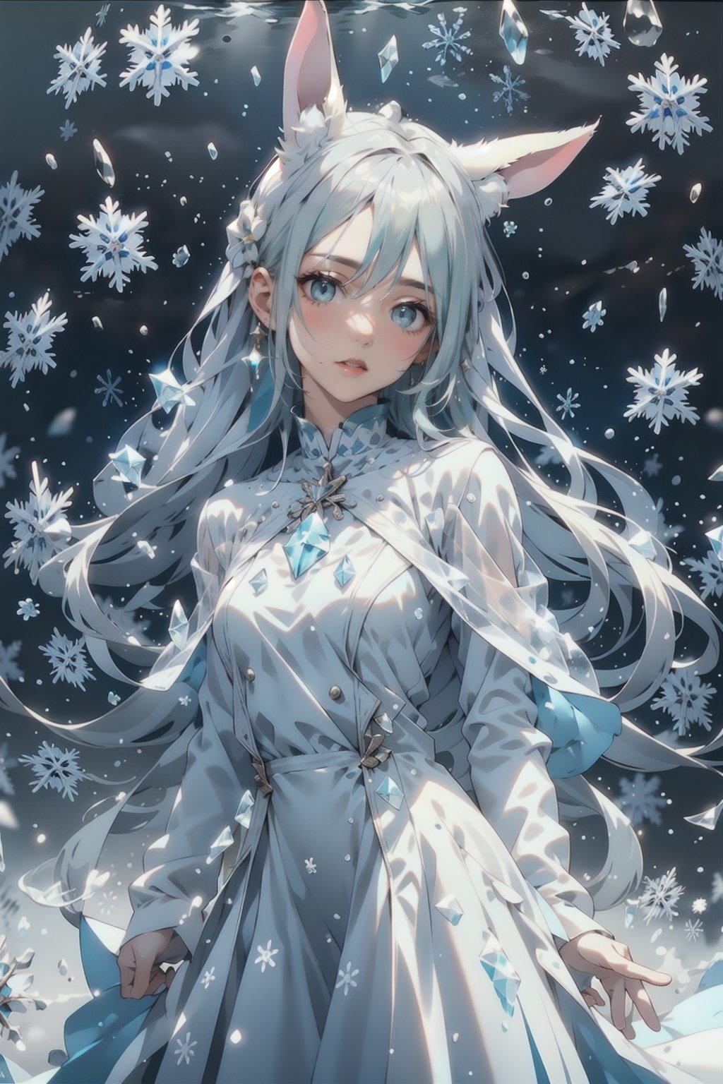 1 girl, solo, eevee ,Snow, glaceon, human, crystalline, ((pale blue hair)), icy blue eyes,  snowflake dress, pure white outfit, fluffy collar, fluffy sleeves, crystal eyes, shiny clothes, porcelain skin, shiny skin, graceful, cold expression, ice attack, snowy wind, white dress, straight hair, flowing dress, icy crystals, pointed animal ears, winter dress, fluffy jacket, perfect fingers, perfect anatomy, fluffy of snow and ice,lora, perfect anatomy