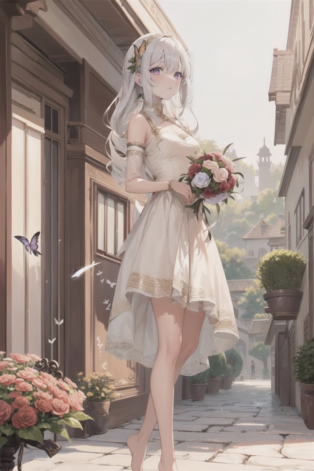 1 girl, solo, long white hair, sparkling purple eyes, detailed eyes, white dress, iridescent silk, outdoor background, open clothes, loose clothes, butterfly hairpiece, barefeet, outdoor garden, blushing, soft expression, nature, picturesque , standing, butterflies, smiling, clear eyes, butterflies, bright eyes, detailed eyes, butterfly, more butterflies ,High detailed ,fantasy00d,More Detail,perfect light,Niji style ,hime style,flrl frock, courtyard, braided hair, bouquet of flowers