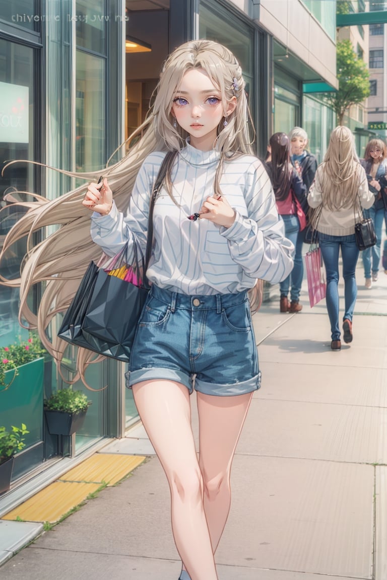 ,isaku, purple eyes, long blonde hair, pretty eyelashes, striped turtleneck, denim shorts, casual sneakers, blushing, shopping mall background, jewelry, handbag, lipstick, crowded background, head to shoulder view