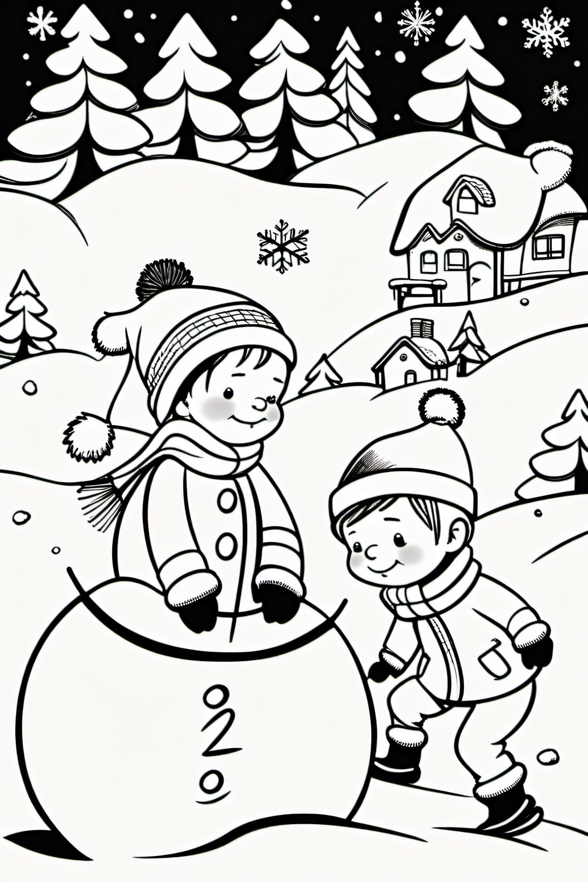 , simple, white background, monochrome, perfectly drawn lines, ,c0l0 style, kids playing in snow, christmas, cartoon, no shadow, line art, no color