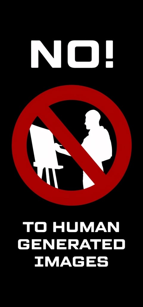 A red ban sign on a black background, with a white painter's silhouette inside, and the text "NO! TO HUMAN GENERATED ART. BREAK (photorealistic:1.3), vignette, highest quality, detailed and intricate, original shot, no humans,masterpiece,sharp focus, trending on Arstation