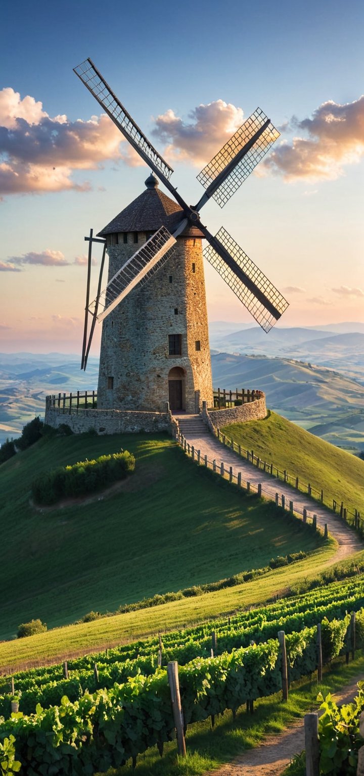 (Documentary photograph:1.3) of a wonderful (windmill on a green hill of the lovely Tuscan landscape:1.4), 14th century, (golden ratio:1.3), (medieval architecture:1.3),(stone wall:1.1), overlooking the valley, dawn light, intense blue sky with imposing cumulonimbus clouuds. BREAK shot on Canon EOS 5D, (from below:1.3), Fujicolor Pro film, vignette, highest quality, original shot. BREAK three-quarters view, well-lit, (perfect focus:1.2), award winning, detailed and intricate, masterpiece, itacstl,real_booster,