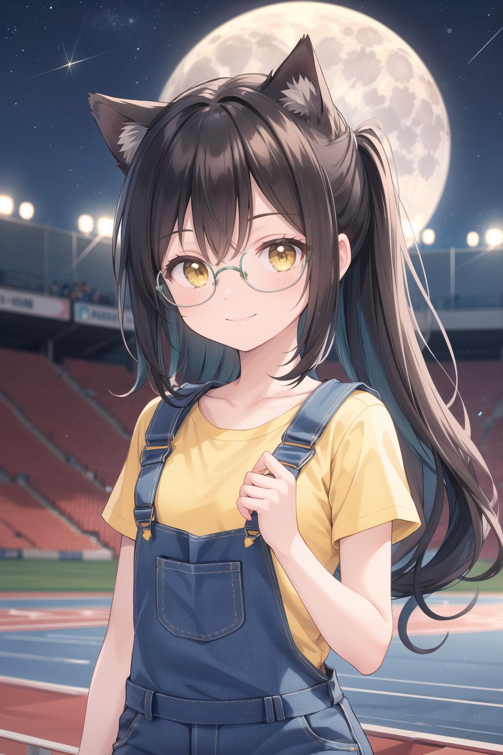 (female): solo, (perfect face), (detailed outfit), (18 years old), lovely female, happy, (small happy smile), black hair, partly green hair on tails, long hair, dark brown eyes, small chest, tiny body, cute glasses, yellow t-shirt,  (denim overalls), (the hair is tied in two separate long tails), (background): from front, outdoor, (athletics stadium), (track), (bleachers), (sky), (stars), (moon), night, (clear) (effects): (masterpiece), (best quality), (sharp focus), (depth of field), (high res)