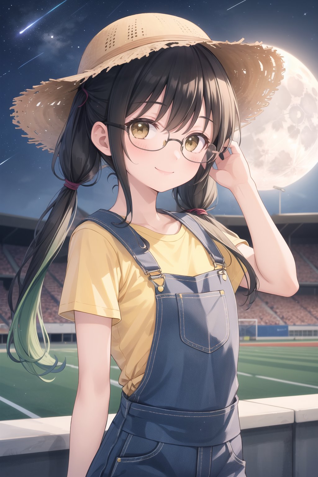 (female): solo, (perfect face), (detailed outfit), (18 years old), lovely female, happy, (small happy smile), black hair, partly green hair on twintails, long hair, dark brown eyes, small chest, tiny body, cute glasses, wearing bucket hat, yellow t-shirt,  (denim overalls), (the hair is tied in two separate long twintails), (background): from front, outdoor, (athletics stadium), (track), (bleachers), (sky), (stars), (moon), night, (clear) (effects): (masterpiece), (best quality), (sharp focus), (depth of field), (high res)