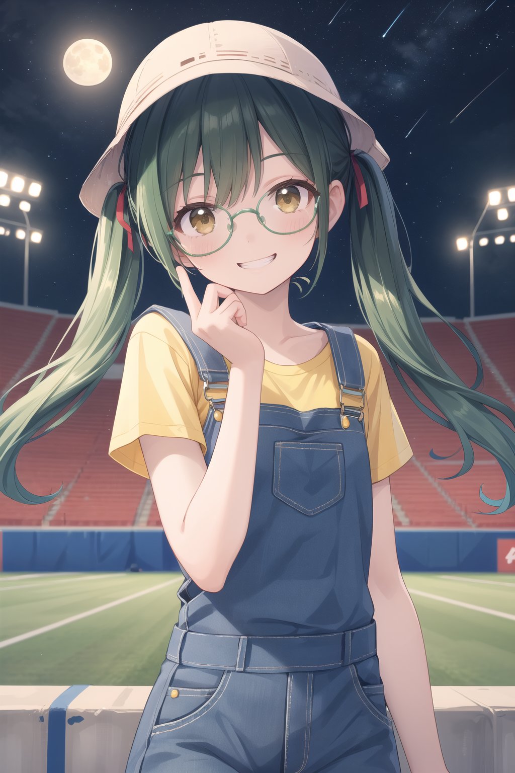 (female): solo, (perfect face), (detailed outfit), (18 years old), lovely female, happy, (small happy grin smile), black hair, partly green hair on twintails, long hair, dark brown eyes, small chest, tiny body, cute glasses, wearing bucket hat, yellow t-shirt,  (denim overalls),showing three fingers sign,(the hair is tied in two separate long twintails), (background): from front, outdoor, (athletics stadium), (track), (bleachers), (sky), (stars), (moon), night, (clear) (effects): (masterpiece), (best quality), (sharp focus), (depth of field), (high res)