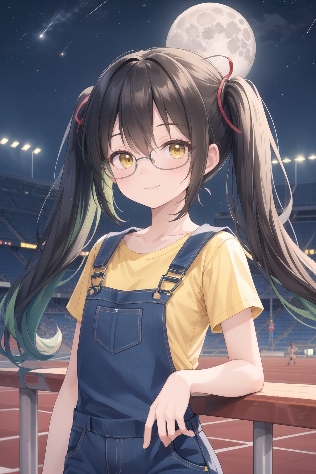 (female): solo, (perfect face), (detailed outfit), (18 years old), lovely female, happy, (small happy smile), black hair, partly green hair on twintails, long hair, dark brown eyes, small chest, tiny body, cute glasses, yellow t-shirt,  (denim overalls), (the hair is tied in two separate long twintails), (background): from front, outdoor, (athletics stadium), (track), (bleachers), (sky), (stars), (moon), night, (clear) (effects): (masterpiece), (best quality), (sharp focus), (depth of field), (high res)